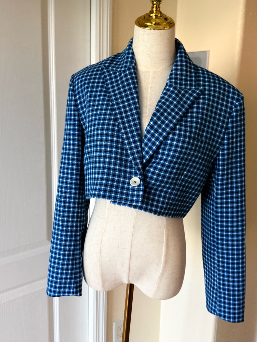 Zara Blue Checked Cropped Blazer